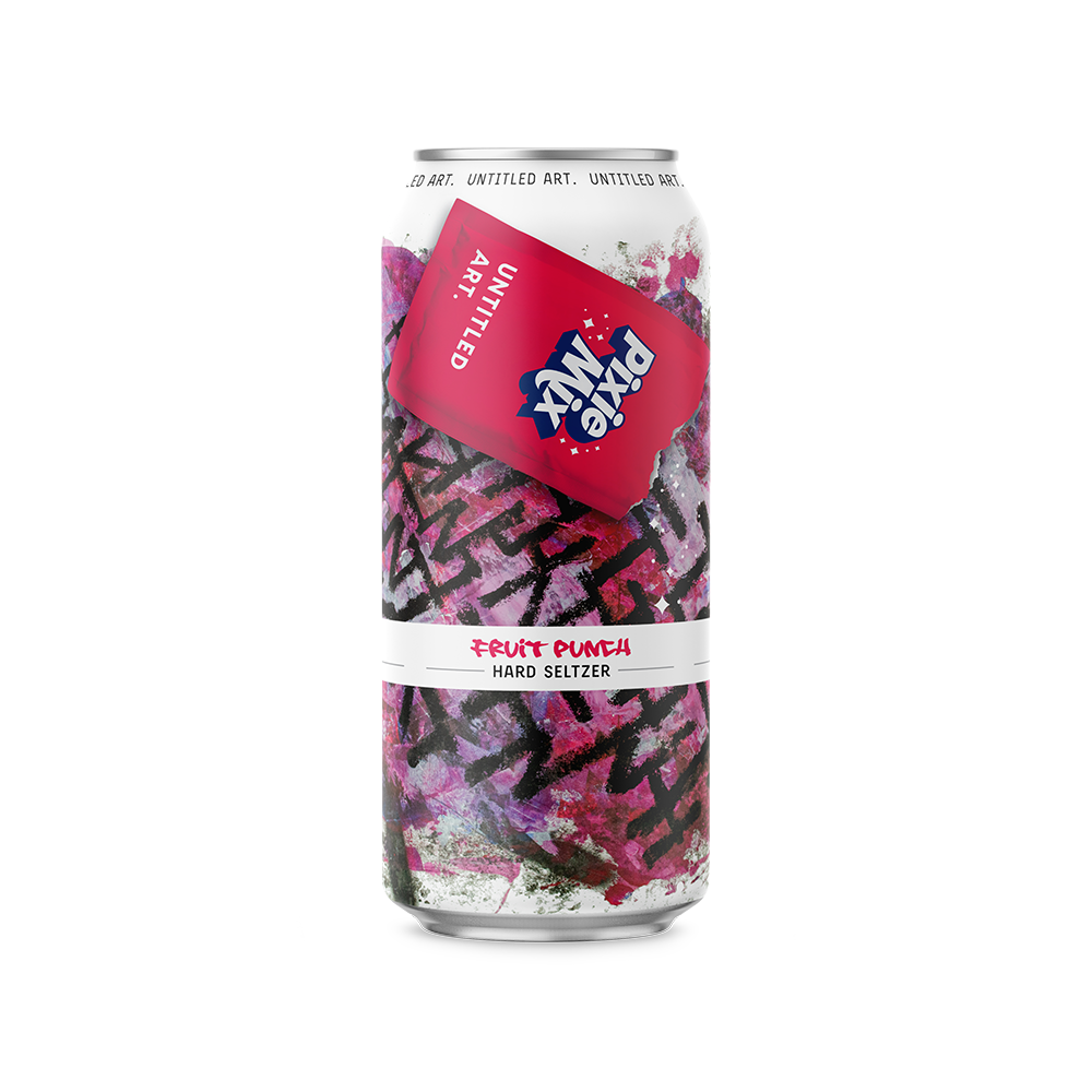 A can of a pink beer with a design on it.