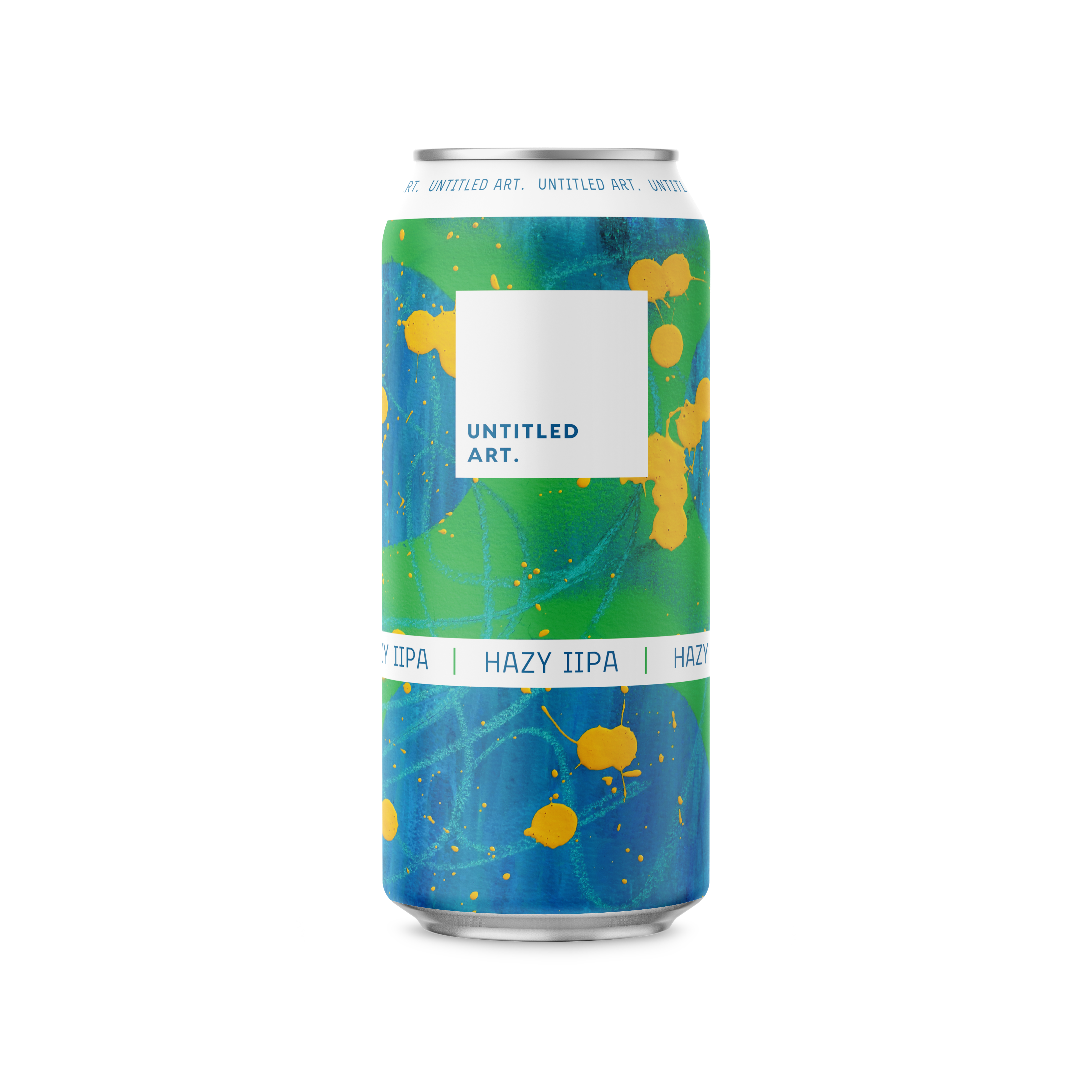 A can with a blue and yellow design on it.