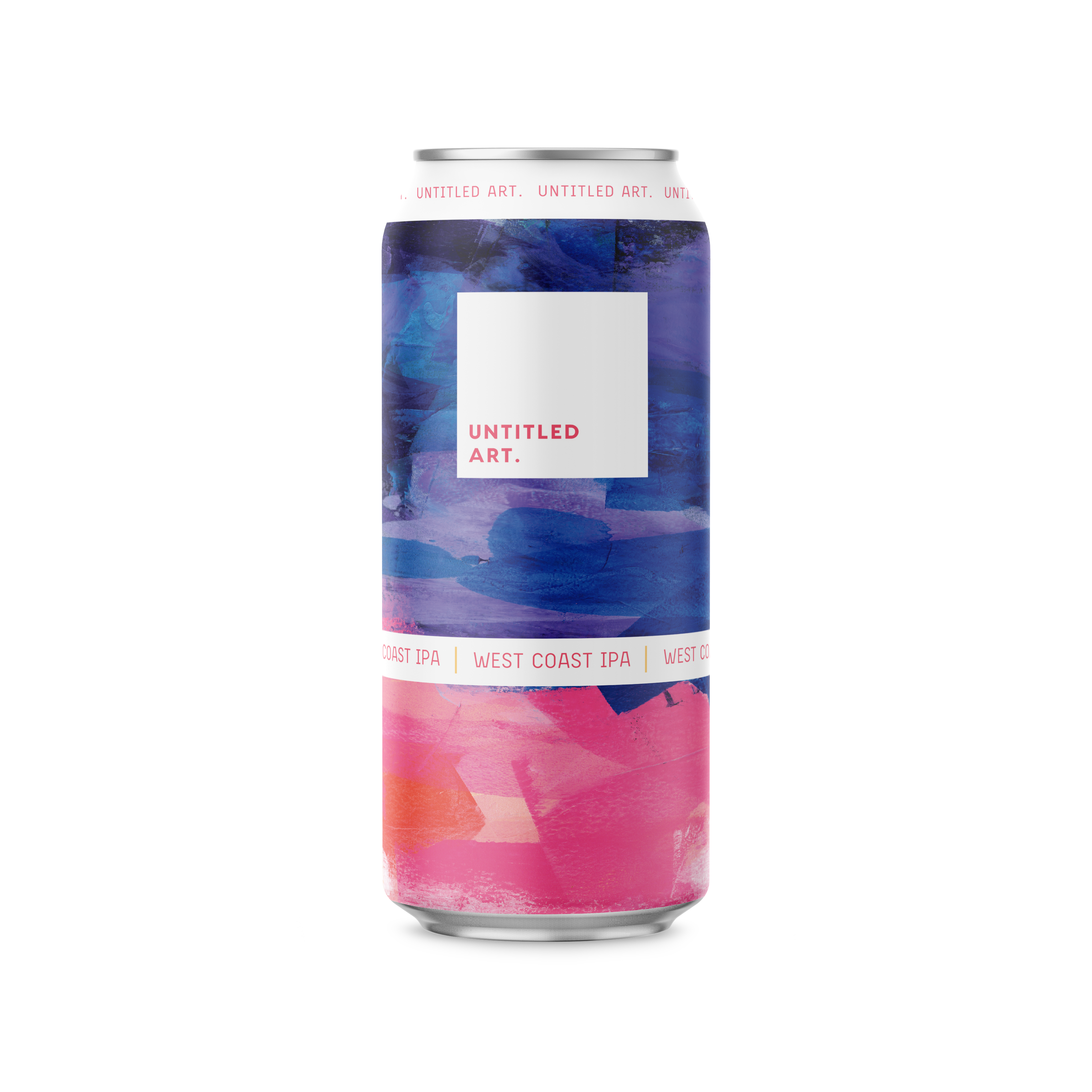 A can of pink, blue, and purple paint on a white background.