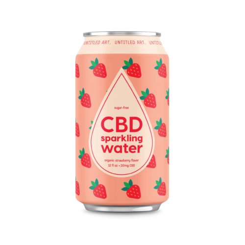 A can of cbd cooling water with strawberries on it.