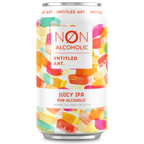 A Non-Alcoholic Juicy IPA (6pk) with colorful designs on it.