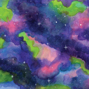 A watercolor painting of nebulas and stars.