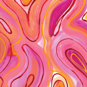 A watercolor painting of pink and orange swirls.