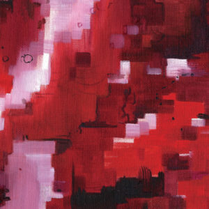 An abstract painting of red and black squares.