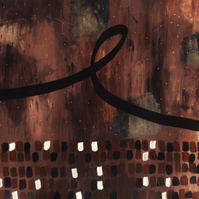 A painting with a black ribbon and a brown background.