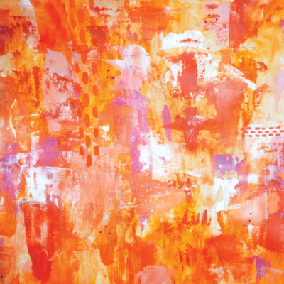 An abstract painting with orange and purple colors.