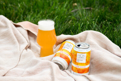 Two cans of beer on a blanket in the grass.