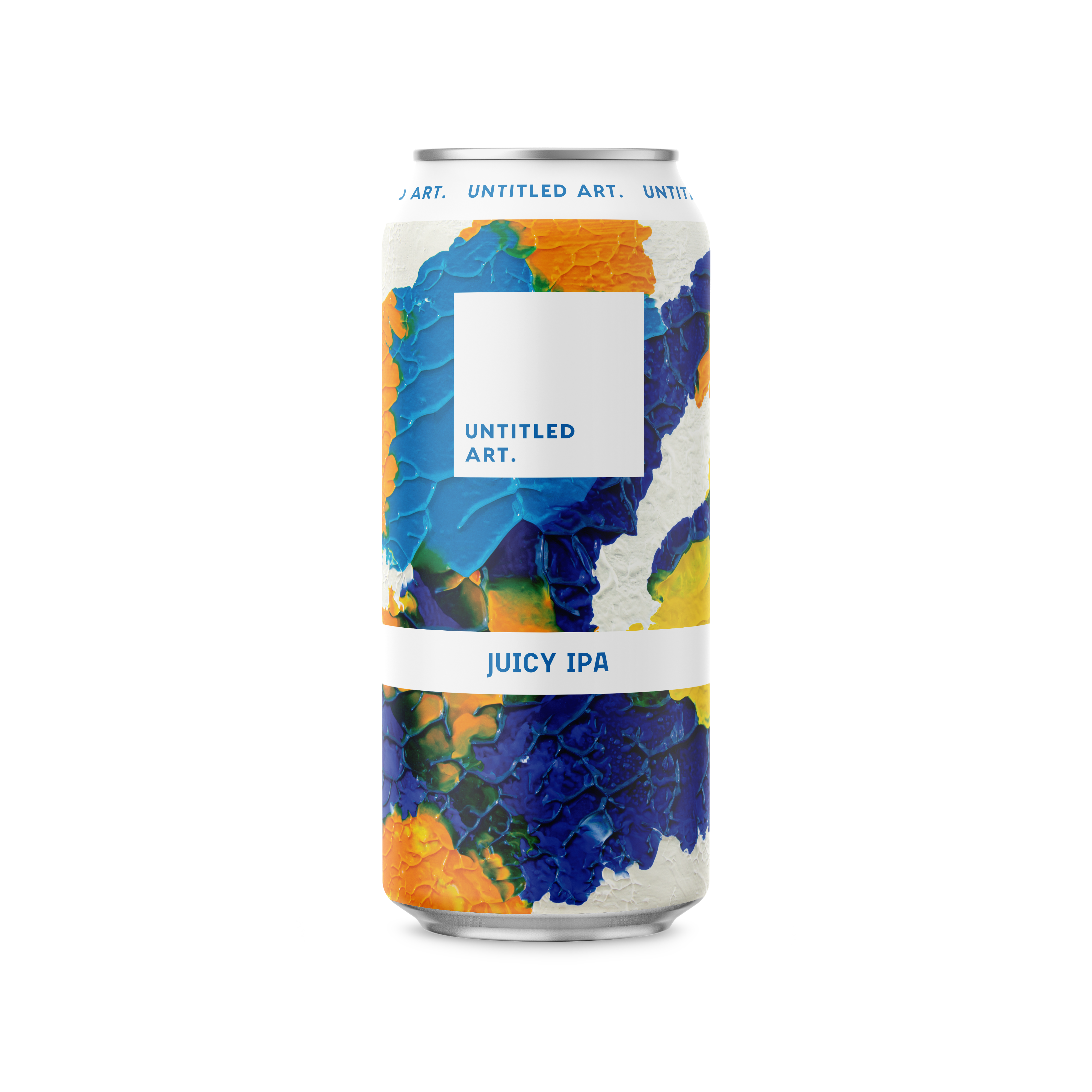 A can of beer with a blue and orange design.