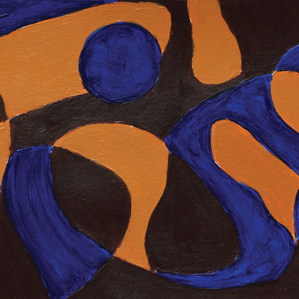 A painting with blue and orange shapes on a black background.