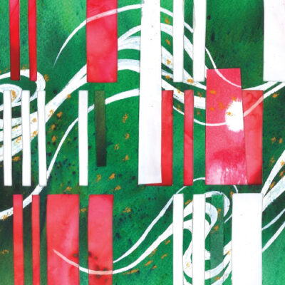 A painting with red and white stripes on a green background.
