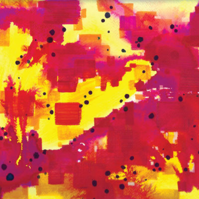 An abstract painting with red, yellow and black dots.