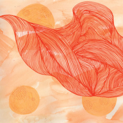 A drawing of a red leaf with orange circles.