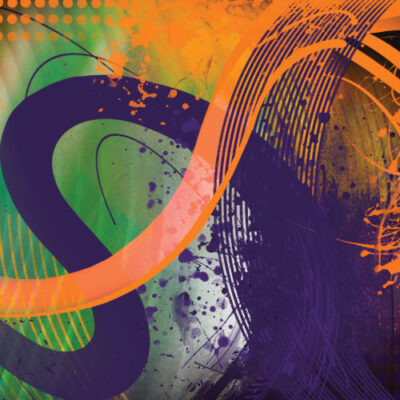 A purple, orange, and green abstract design.