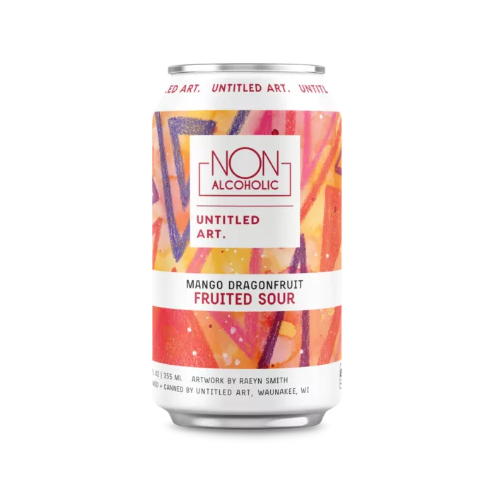 A can of Non-Alcoholic Mango Dragonfruit Sour (6pk) muffled strawberry sour.