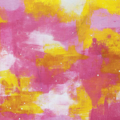 An abstract painting with pink and yellow colors.