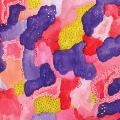 A watercolor painting with pink, purple and yellow colors.