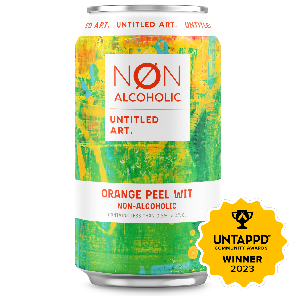 A 6pk of Non-Alcoholic Orange Peel Wit by Untitled Art, featuring a colorful abstract design, and labeled as an Untappd Community Awards Winner 2023.