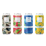 Four cans of beer with different designs on them.
