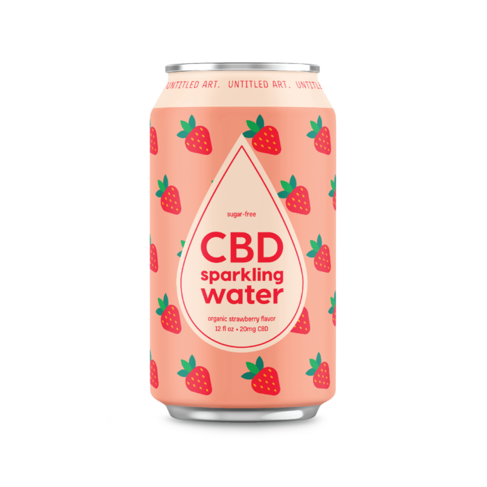 A can of CBD Sparkling Water – Mix 12-Pack with strawberries.