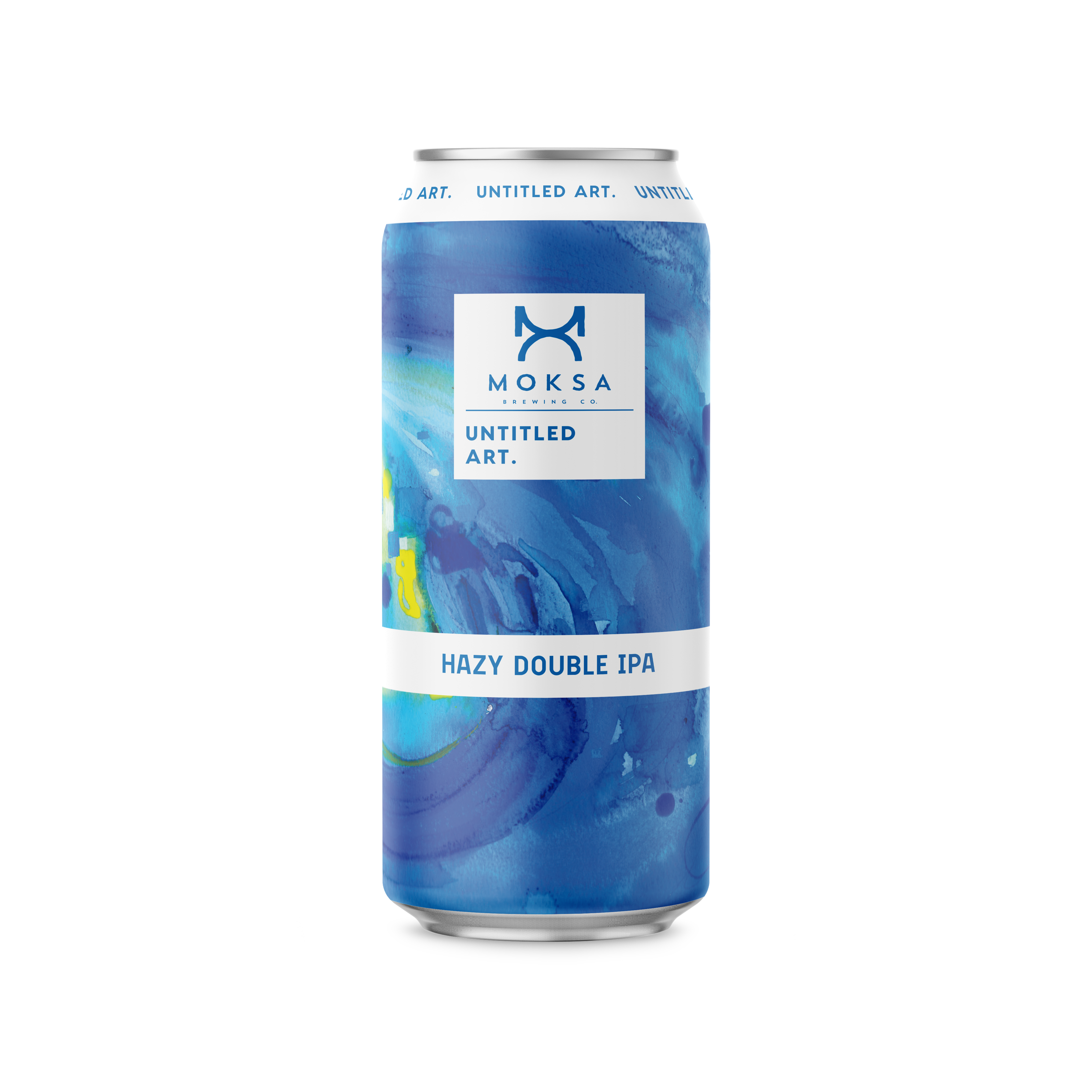A can with a blue background and a fish on it.