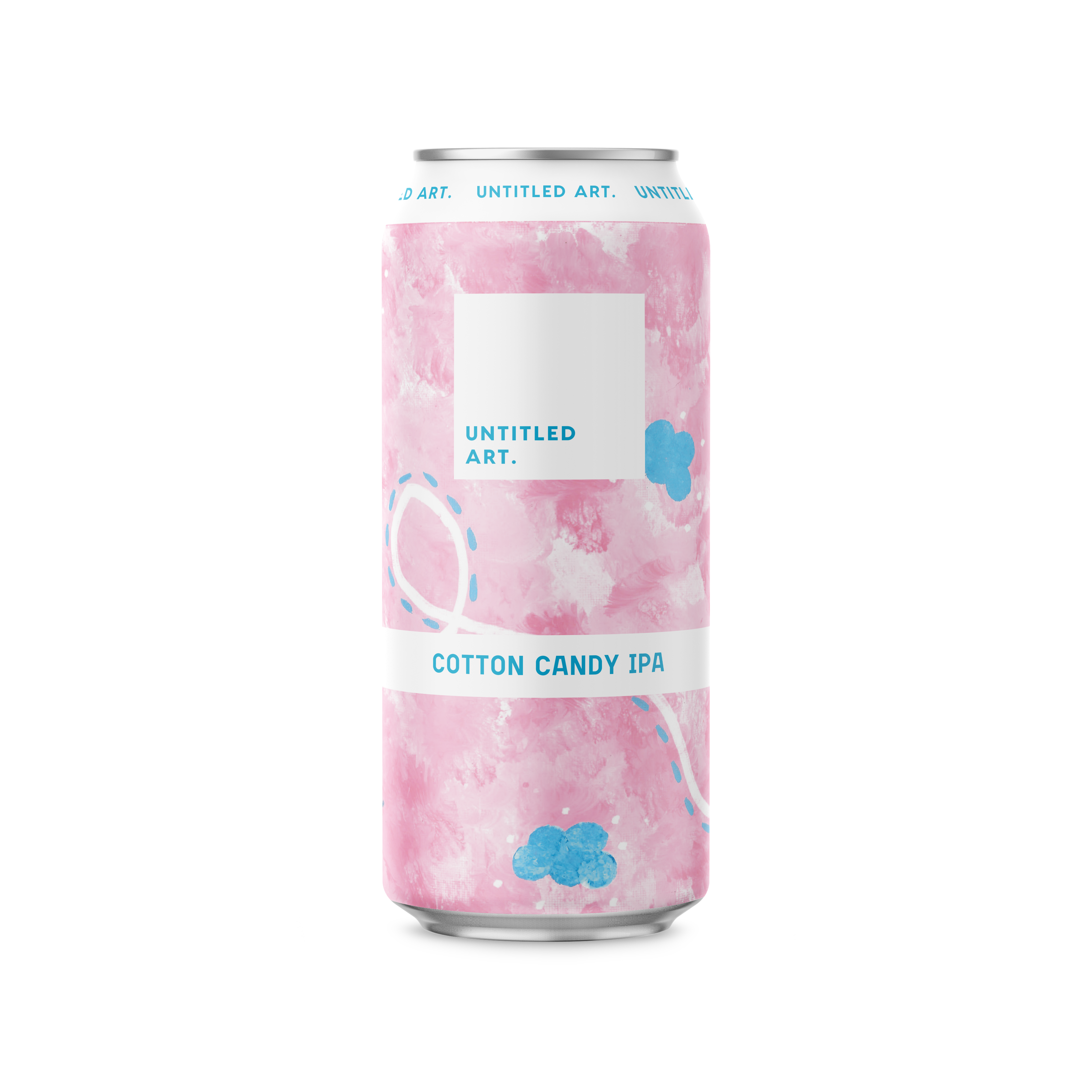 A can with a pink and white design on it.
