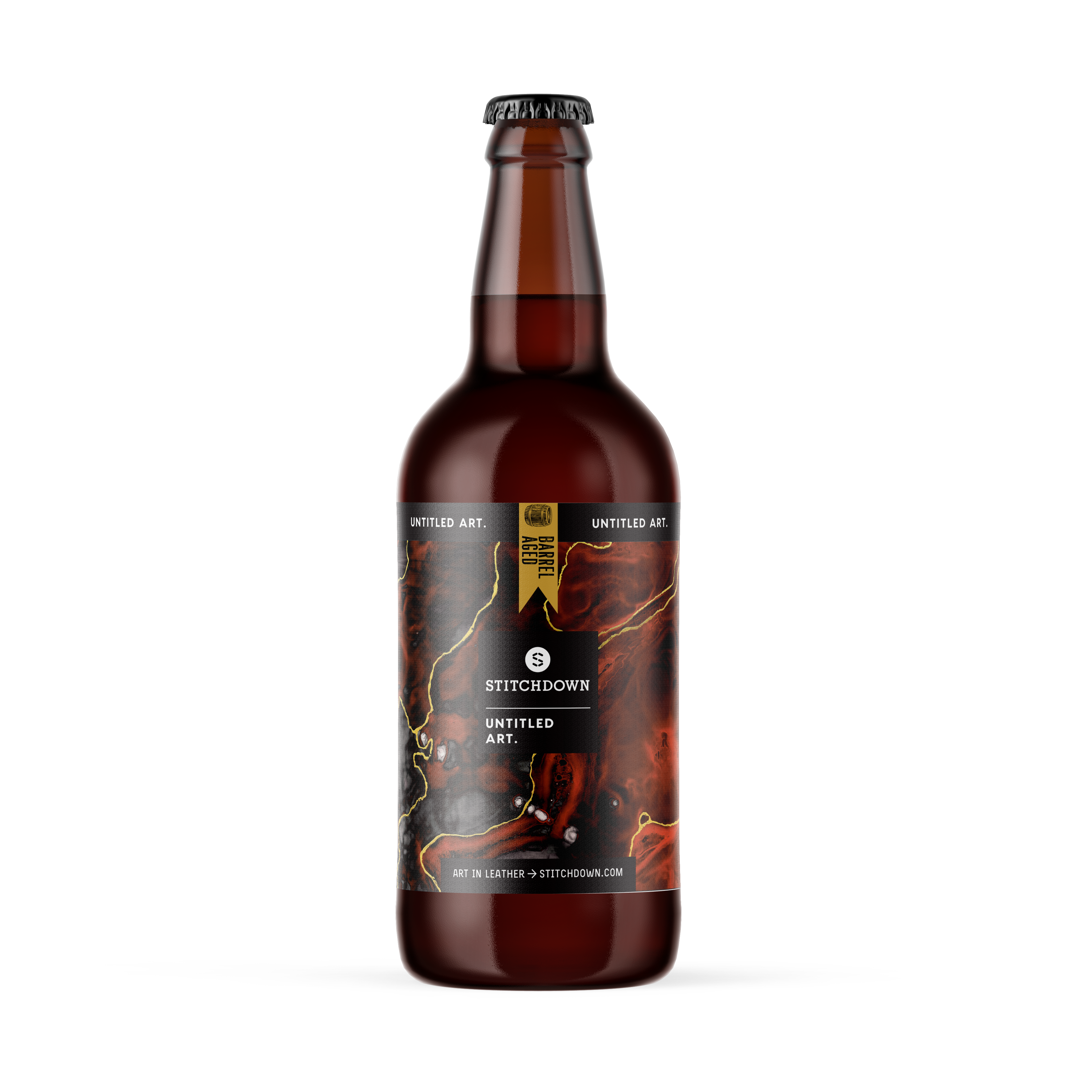 An image of a bottle of beer with a black background. Stitchdown