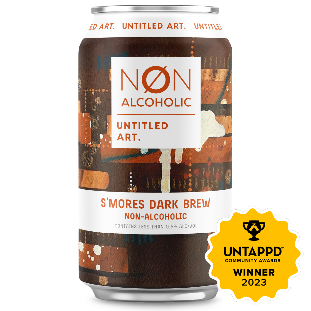 A 6pk of non-alcoholic s'mores dark brew with an abstract art design, winner of the untappd community awards 2023.