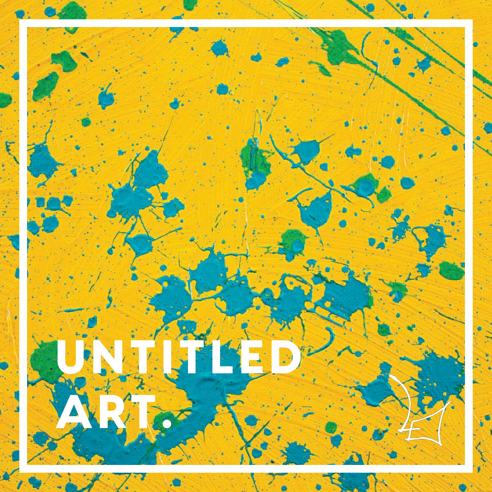 A yellow and blue paint splatter with the words untitled art.