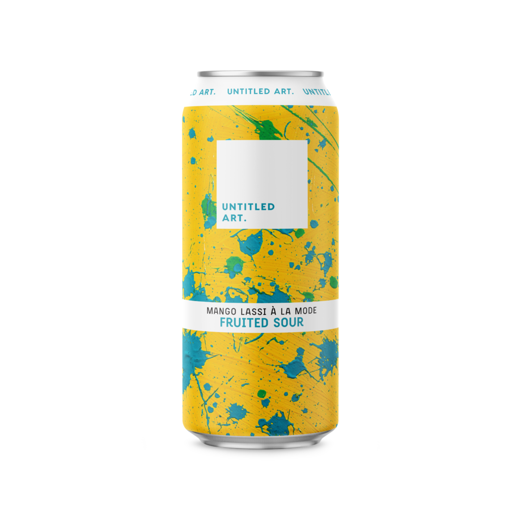 A can with a yellow and blue paint splatter on it.