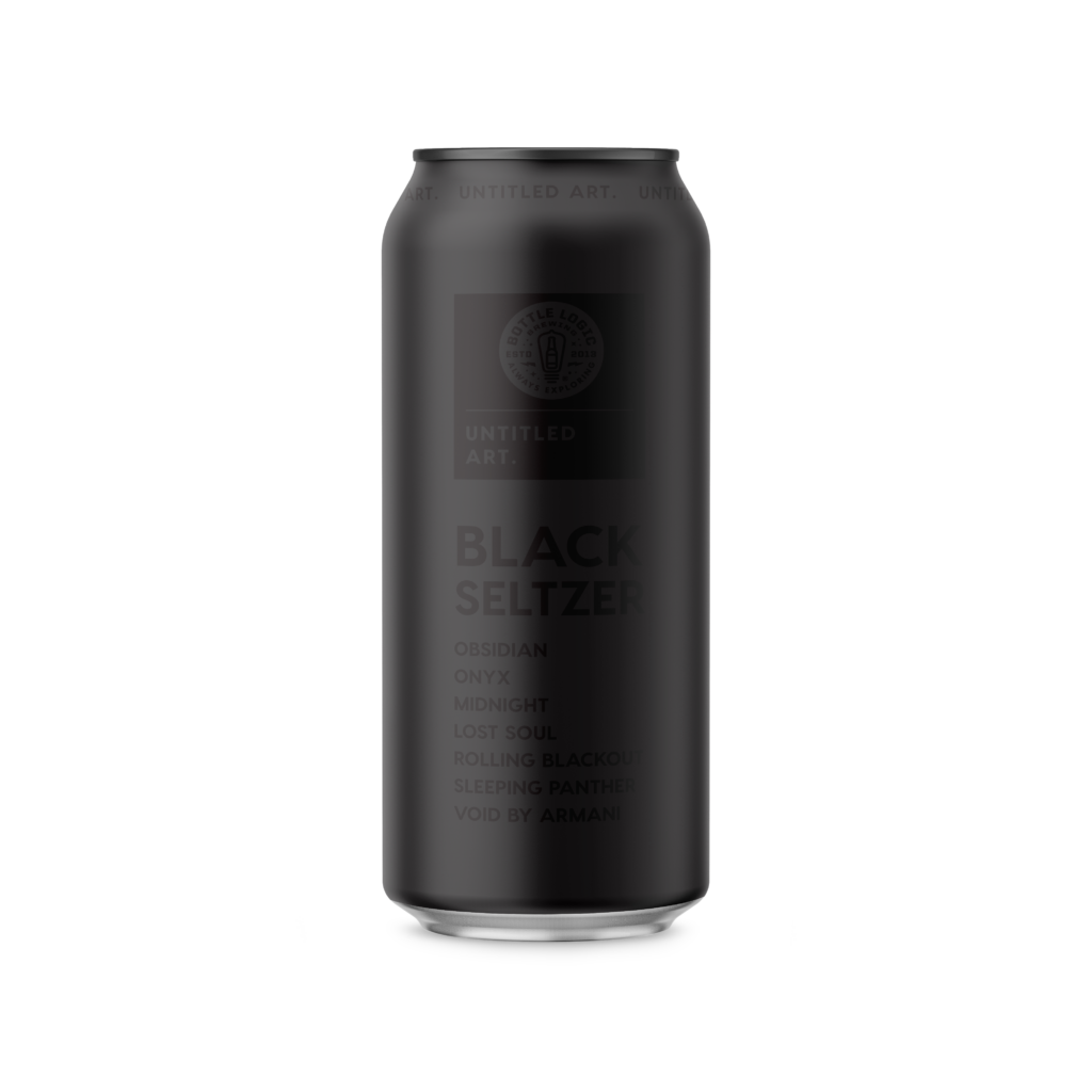 A can of black seltzer on a white background.