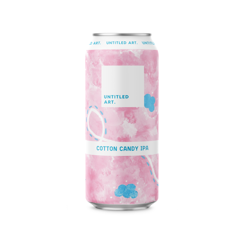 A can with a pink and white design on it.
