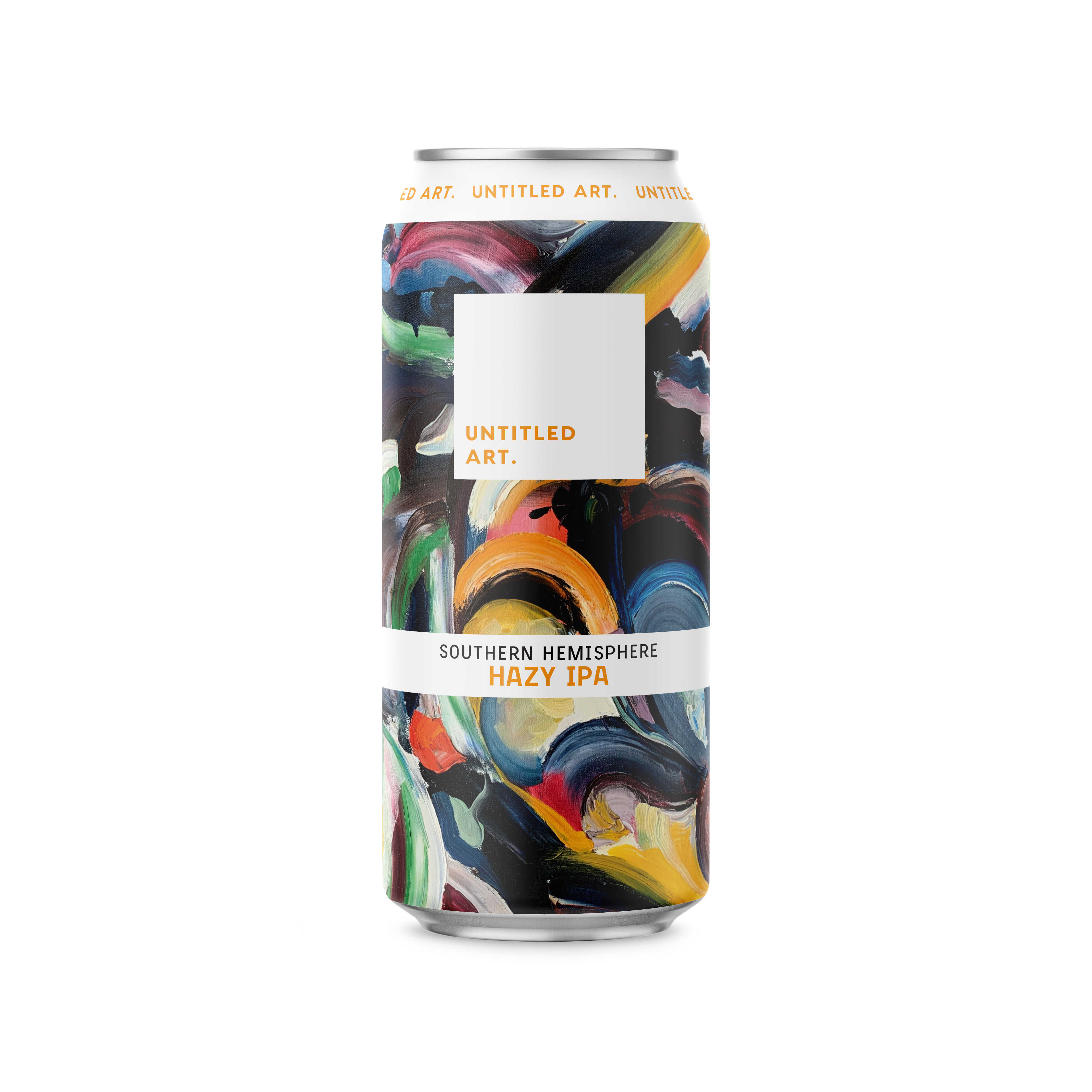 A can with an orange and white swirl on it.