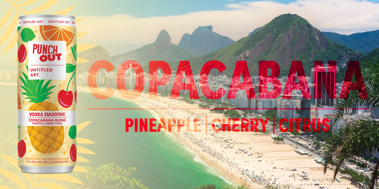 A can of Punch Out Bermuda Blend in front of a picture of Copacabana Beach in Brazil