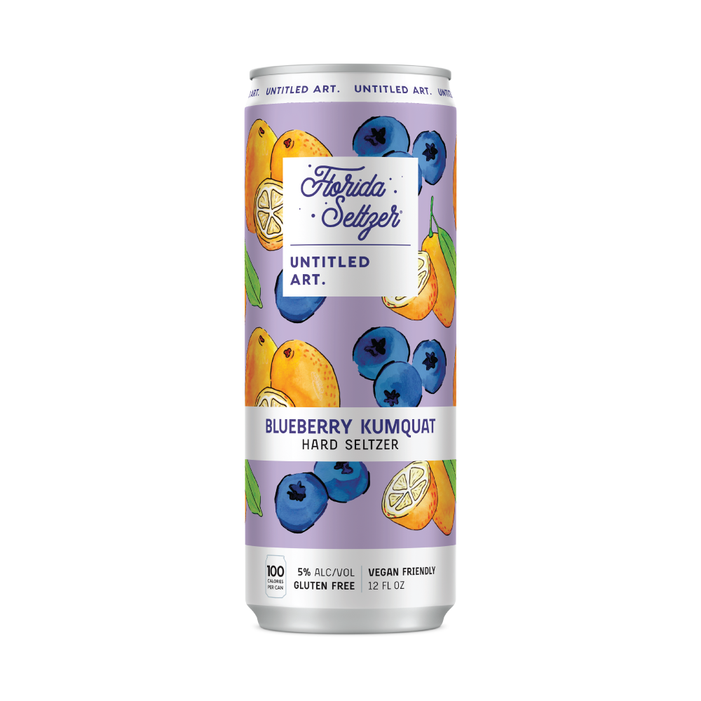 A can of lemonade with blueberries and oranges on a black background.