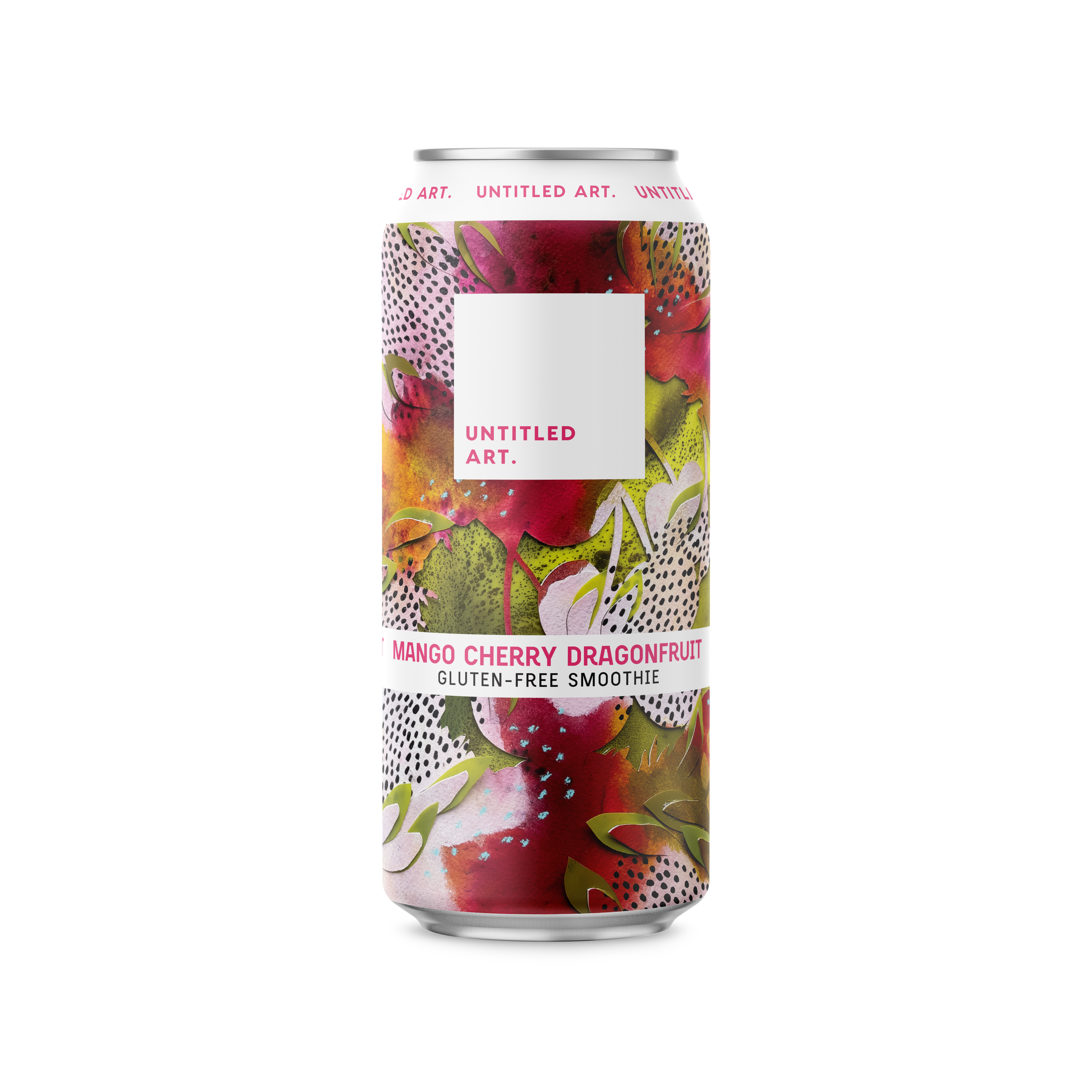 A can of a fruity drink with a white background.