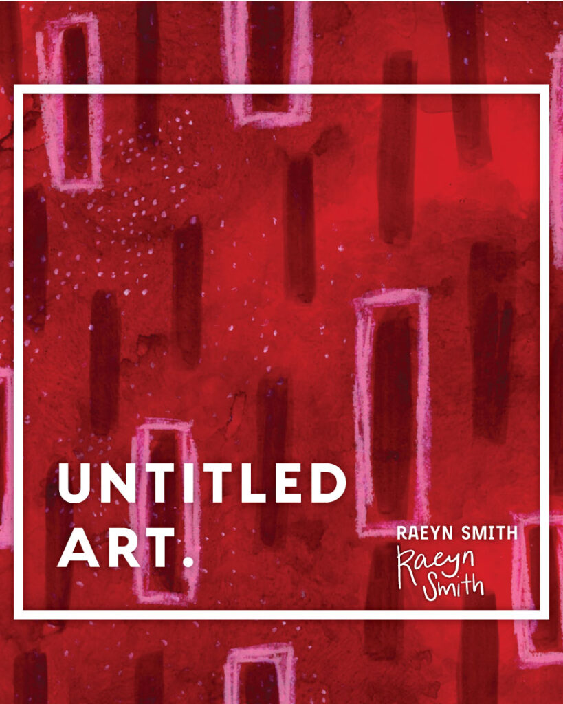 Abstract red painting with white and black vertical accents, signed by raeyn smith.