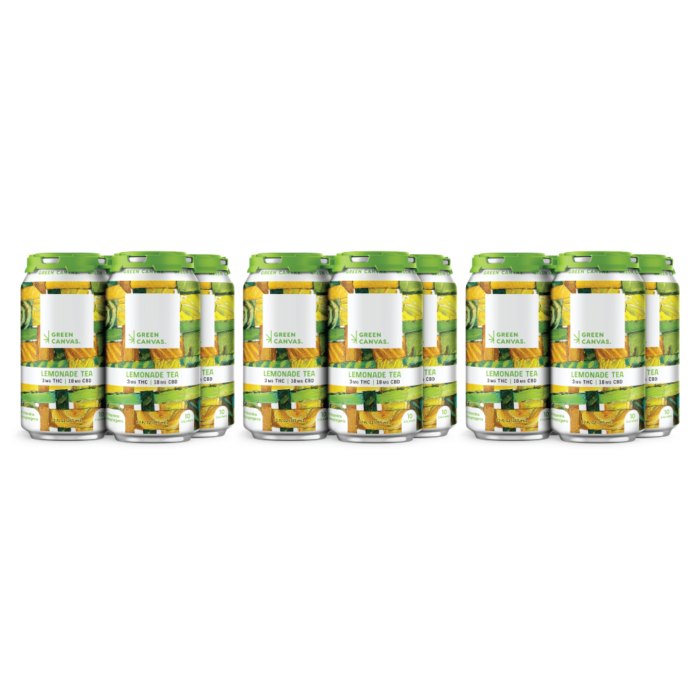 Six packs of Green Canvas Lemonade Tea (12pk) with a leafy design, labeled "green's lemonade tea," displayed in a row.