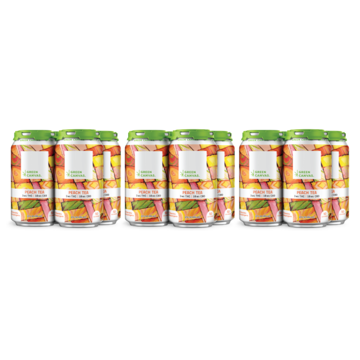 Four 6-packs of Green Canvas Peach Tea (12pk) with colorful labels, neatly aligned on a white background.