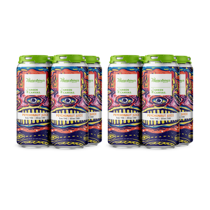 Four six-packs of Green Canvas x Tripping Animals Psychonaut Juice (8pk) in colorful, patterned cans.